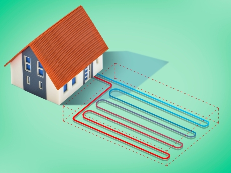 drawing of a home using geothermal to heat/cool