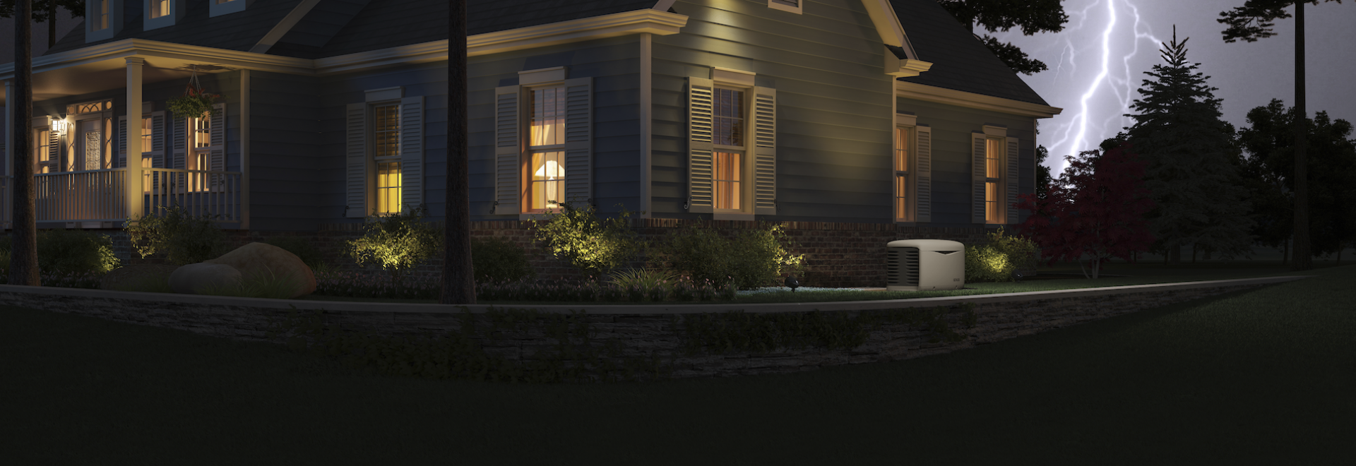Generator in front the house with a lightening bolt in the background