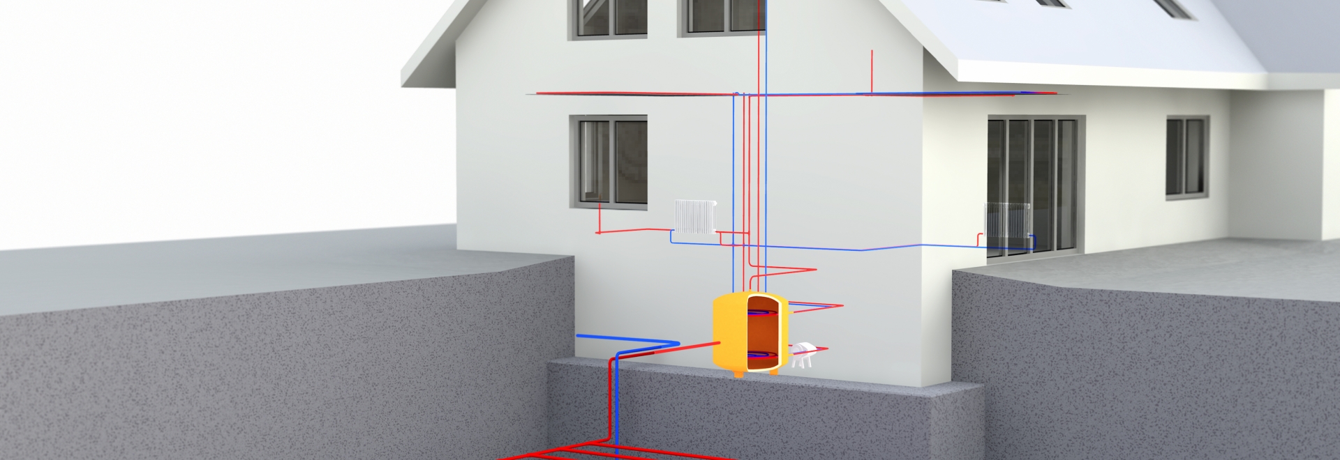 3D rendering of geothermal system in residential home