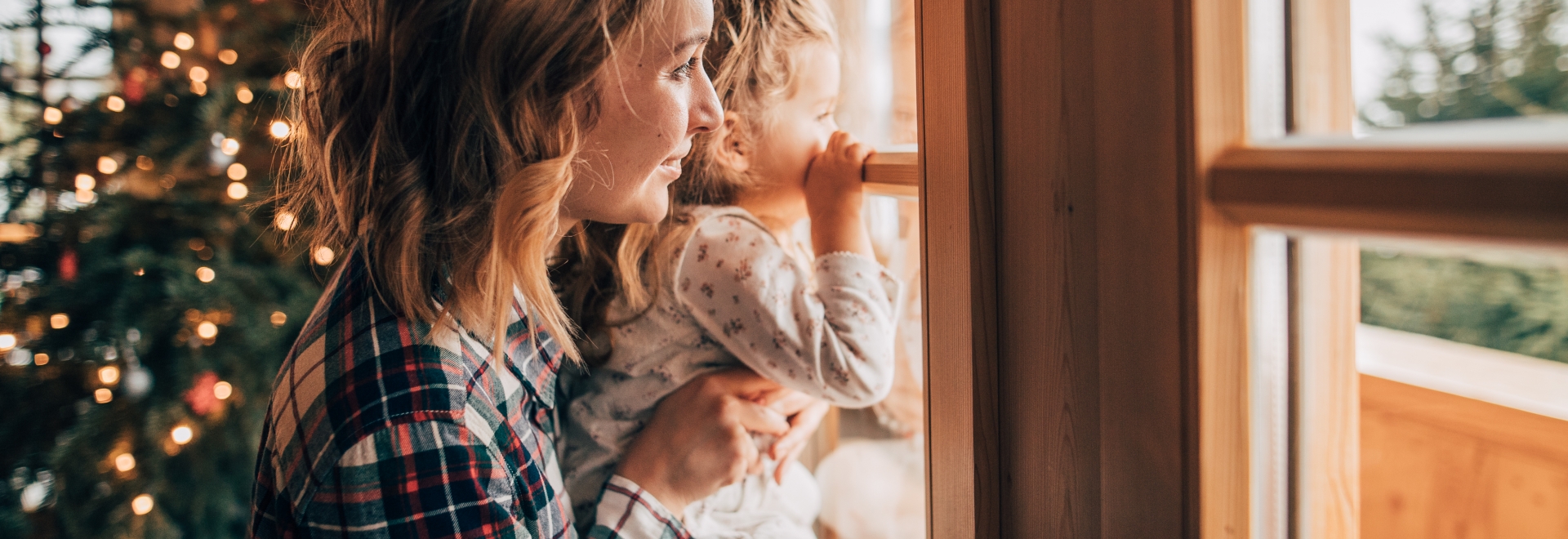 Woman holding young child up to look out window of home with Christmas tree in background