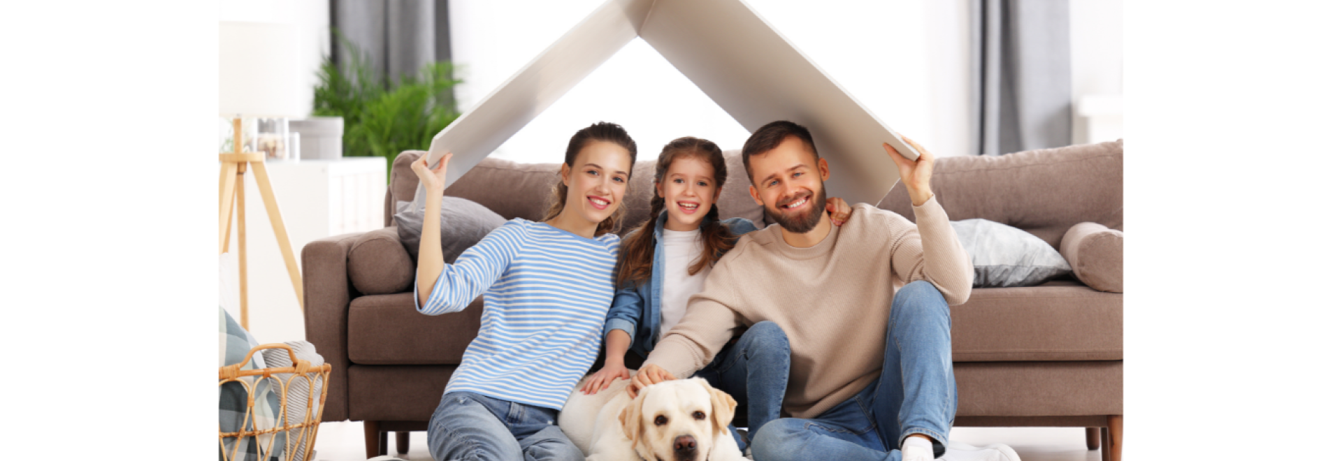 Family indoors with dog