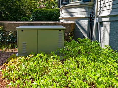 standby home generator behind green bush
