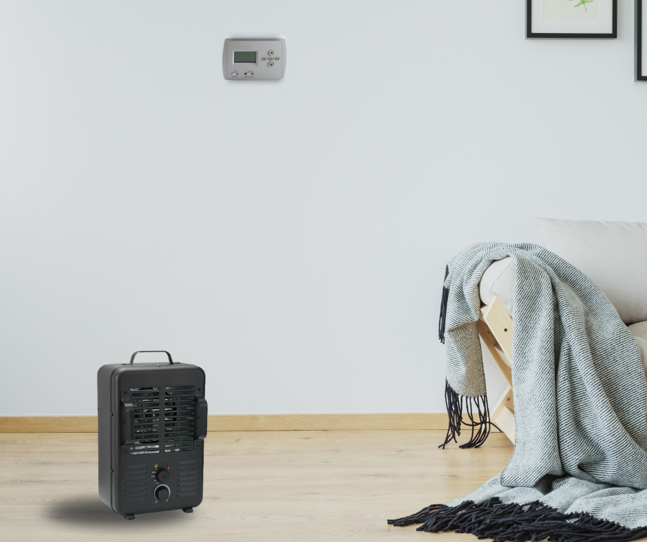 Proper use of space heaters means keeping them away from the thermostat, like in this picture.