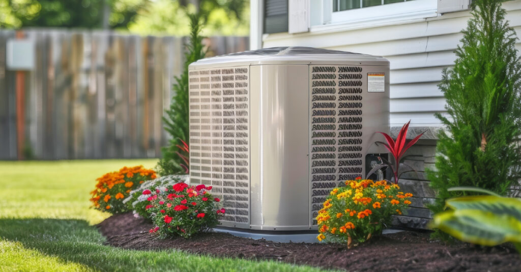 An outdoor HVAC unit surrounded by spring flowers. Princeton can help you figure out if your HVAC system making spring allergies worse.